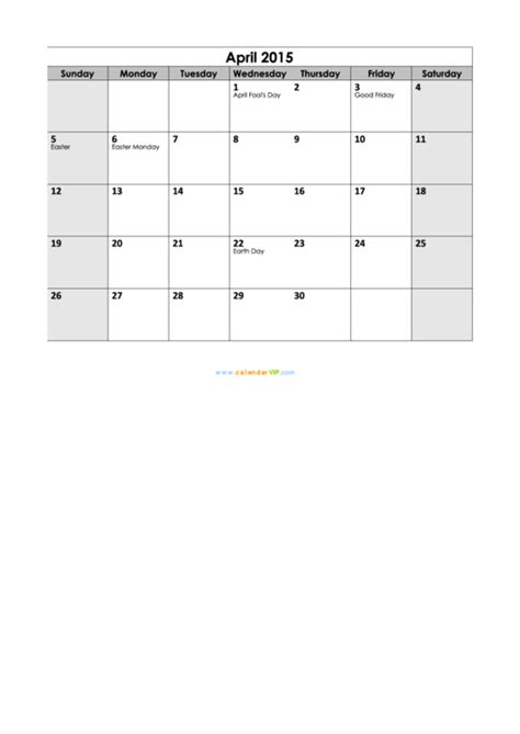 April 2015 Calendar Template Printable Pdf Download