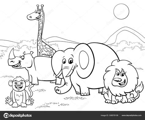 Cartoon Safari Animals Group Coloring Page — Stock Vector