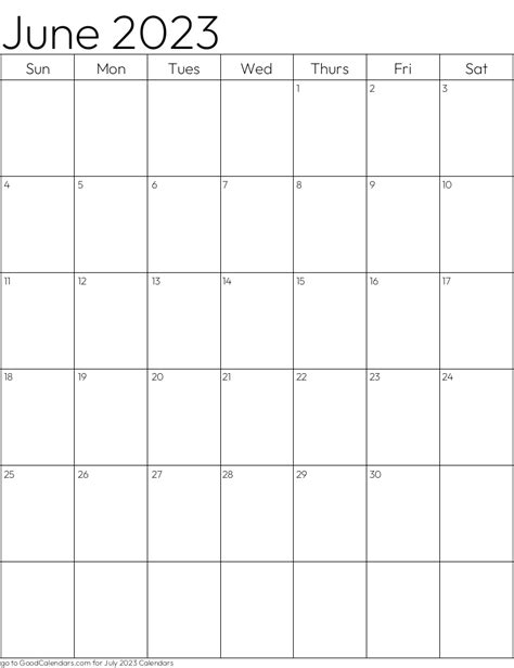 Standard June 2023 Calendar Template In Portrait