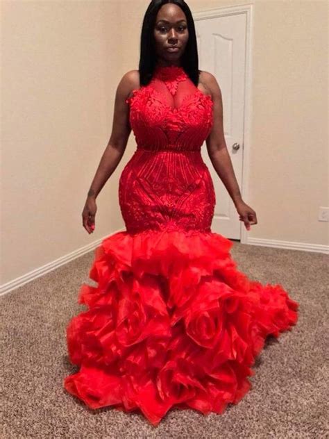 Black Girl Plus Size Prom Dresses Long 2021 African Style Red Lace Appliques Formal Mermaid