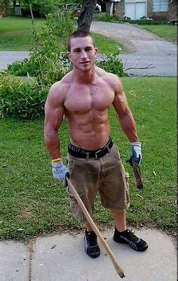 Shirtless Beefcake Muscle Male Lawn Boy Hunk Ripped Physique Guy Photo