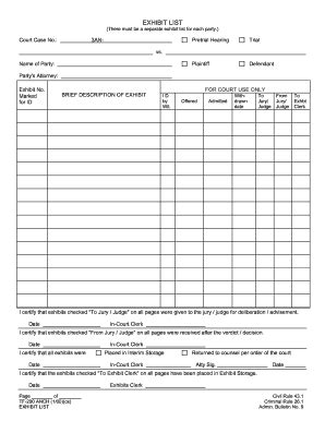 This legal form lists the exhibits that will be presented by the petitioner or defense during a trial. Exhibit List - Fill Online, Printable, Fillable, Blank ...