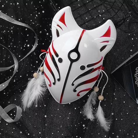 Japanese Fox Masks Cosplay Full Face Fox Mask With Feather Etsy