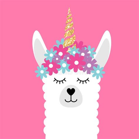 Vector Flat Face Of Llama Unicorn With Flowers Stock Vector