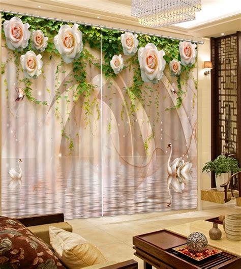 Curtains 3d Swan Flower Marble Custom Curtains Bedroom Blackout