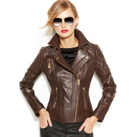 Michael Kors Michael Leather Moto Jacket In Brown Chocolate Lyst