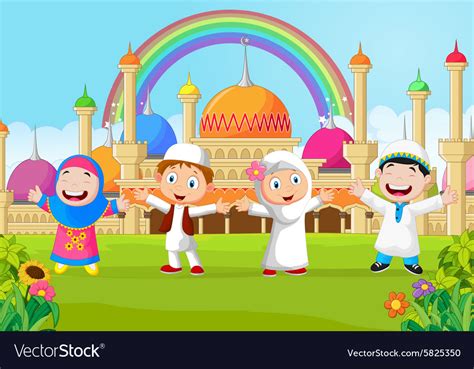 Cartoon Happy Kid Muslim With Rainbow Royalty Free Vector