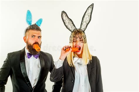 Happy Easter Egg Couple On White Background Isolated Funny Easter Cute Bunny Rabbit Couple
