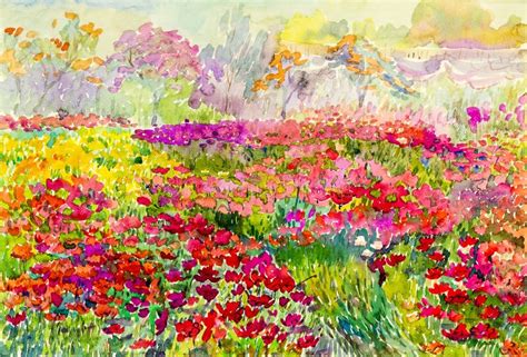 Watercolor Painting Original Landscape Colorful Of Flowers Fields In