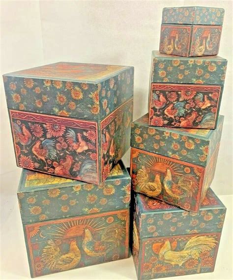 Vintage Bobs Boxes Rise And Shine Roosters Square Lidded Boxes Stack