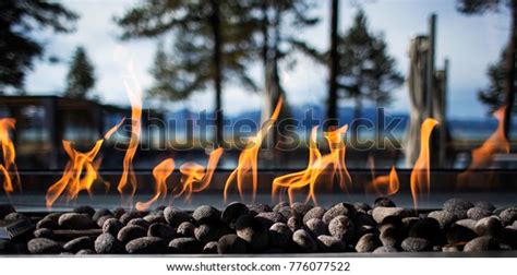 Stone Fireplace Fire Pit Flames Trees Stock Photo Edit Now 776077522