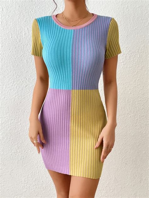 Shein Essnce Colorblock Ribbed Knit Bodycon Dress Shein Usa