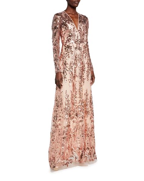 Naeem Khan Sequined Lace Illusion Long Sleeve Gown Neiman Marcus
