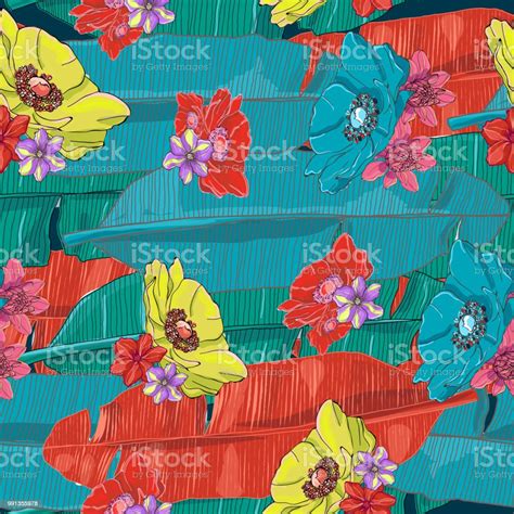 Bright And Colorful Hand Drawn Hawaiian Tropical Leaves And Flowers