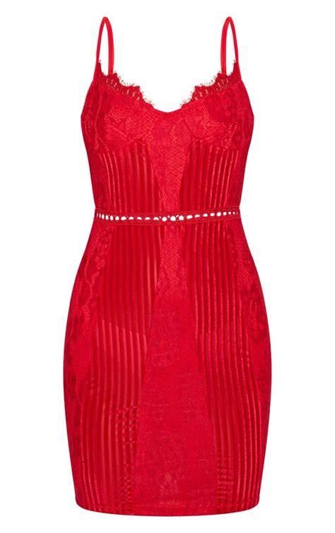 Red Strappy Lace Velvet Insert Bodycon Prettylittlething In 2021