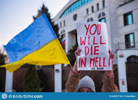People Protesting In Front Of Russian Embassy Against Aggression On Ukraine Editorial Photo