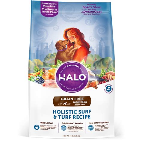 Halo is a company dedicated to creating exceptional food that dogs love and pet parents trust. Halo Grain Free Holistic Surf N Turf Dry Dog Food, 14 lbs ...