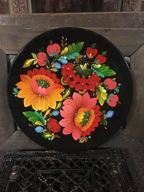 Vintage Wood Tole Painted Floral Charger Made In Ussr Etsy Floral