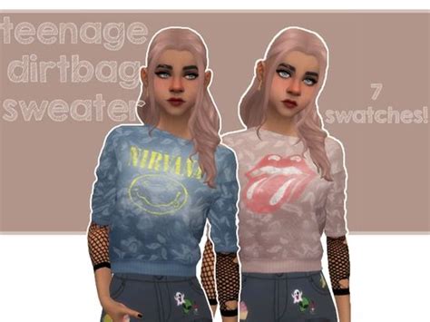 A Maxis Match Off The Shoulder Sweater With Fishnets And Band Logos