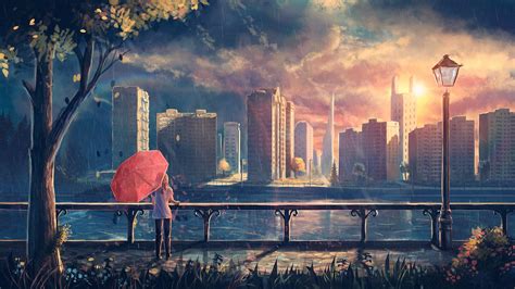 Artwork Fantasy Art Anime Rain City Park Umbrella Wallpapers Hd