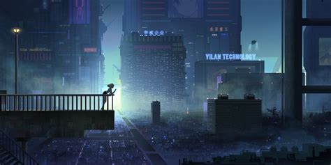 Wallpaper Cyberpunk Smoking Fence Stairs City Lights