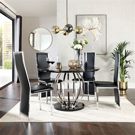 A uniquely designed base adds sculptural whimsy to the setting. Savoy Round Black Marble and Chrome Dining Table with 4 Celeste Black Leather Chairs | Furniture ...
