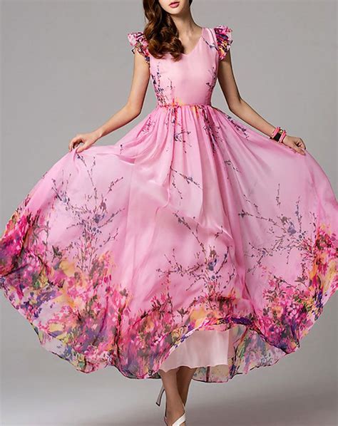 Fashion Pink A Line Frill Sleeve V Neck Maxi Dress Floral Print Chiffon Maxi Dress Pink