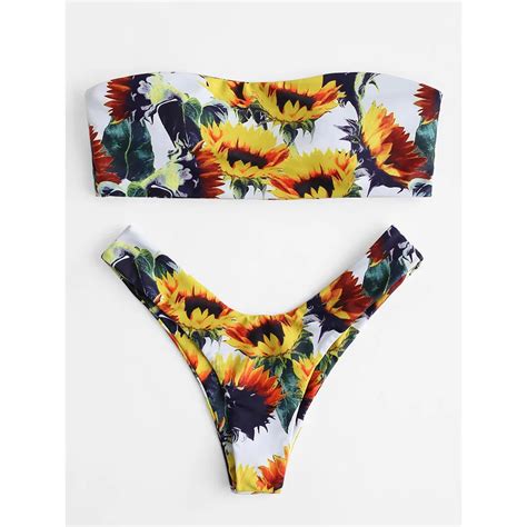 Zaful Sunflower Print Strapless Bandeau Bikini High Cut Swimsuit Female