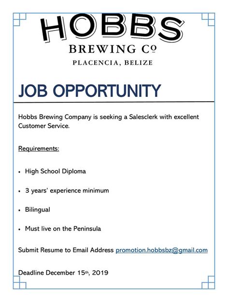 Government job exams, job application free download. Job Vacancy in Placencia - Hobbs Brewing Company seeking ...