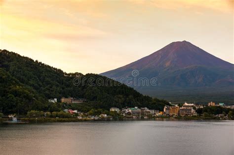 Mt Fuji Sunset In Autumn At Lake Kawaguchiko Yamanashi Japan