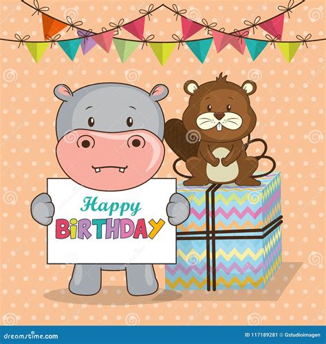 Happy Birthday Card With Cute Animals Stock Vector Illustration Of