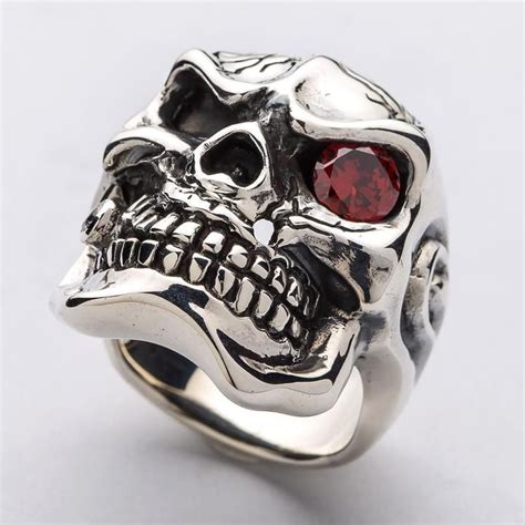 Sterling Silver Red Eye Skull Ring Skull Ring Mens Silver Rings