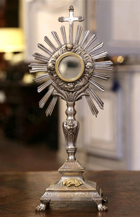 19th Century French Bronze Silvered Catholic Monstrance With Cross And