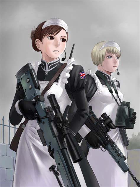 Safebooru 2girls Ai Awm Al Ae Sniper Assault Rifle Bullpup Combat Maid Enfield Sa 80 Gloves