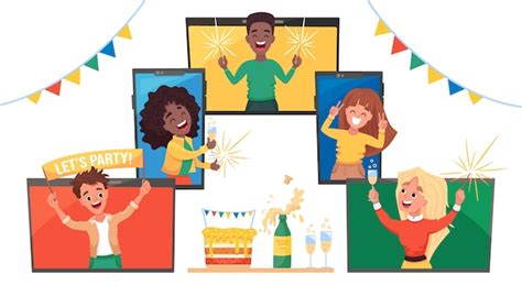 Premium Vector Online Party With Happy People In Video Conference