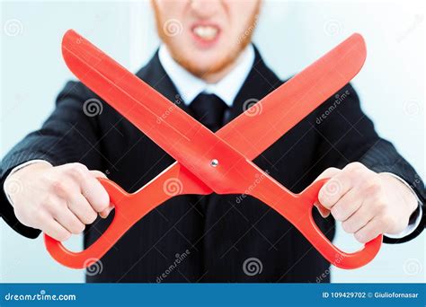 Man Holding Big Red Scissors Stock Photo Image Of Office Indoor
