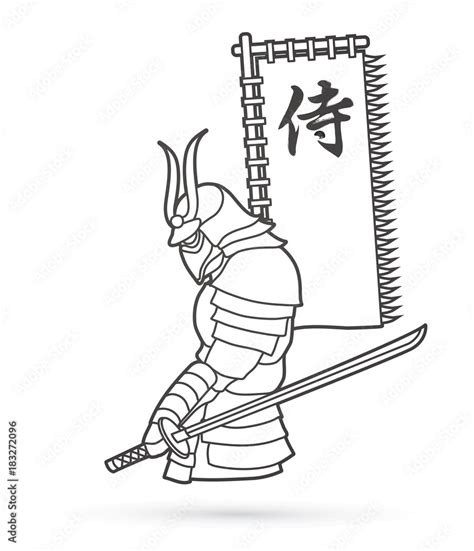 Samurai Standing With Sword And Flag Samurai Japanese Text Outline