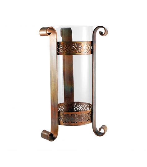 Tall Burned Copper And Glass Hurricane Candle Holder