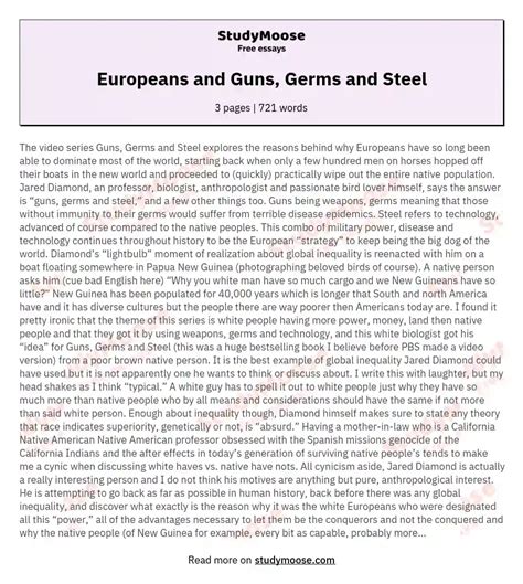 Europeans And Guns Germs And Steel Free Essay Example