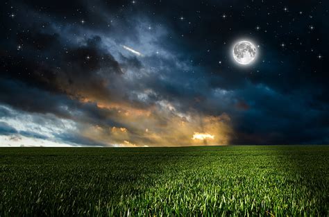Green Grass Field And Full Moon Greens Field The Sky Grass Clouds