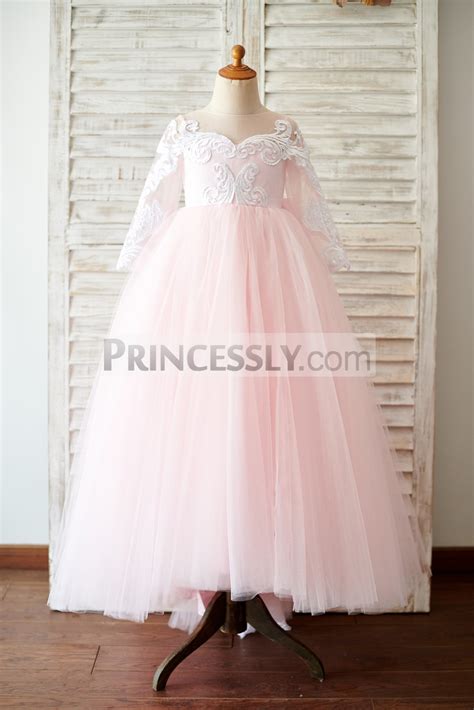 Beaded Lace Long Sleeves Pink Tulle Wedding Flower Girl Gown W Train Avivaly