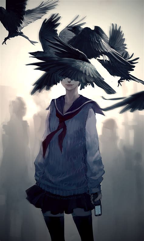 Yuumei Artists Phone Alone Girl Dark Birds Anime