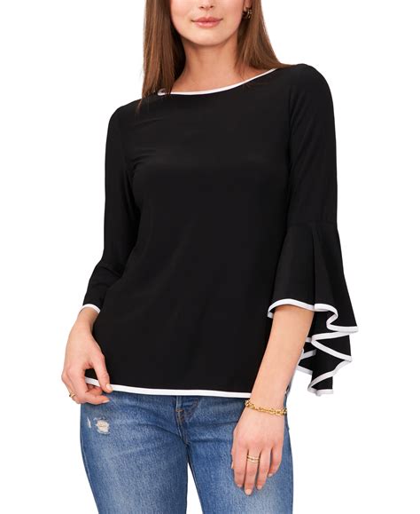 Sam And Jess Petite Contrast Trim Bell Sleeve Top In Navy Modesens