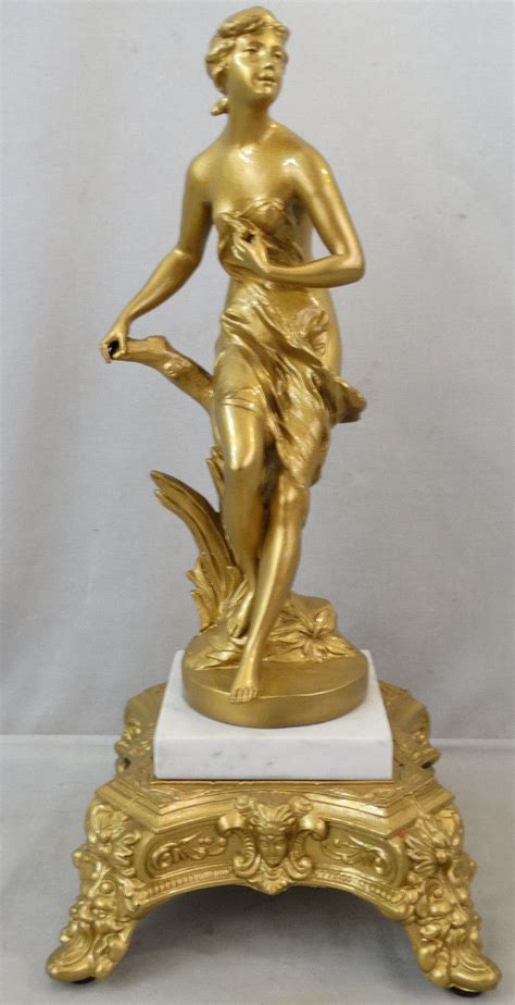 Antique ART NOUVEAU Era NUDE LADY Figural GOLD Spelter Marble BOUDOIR