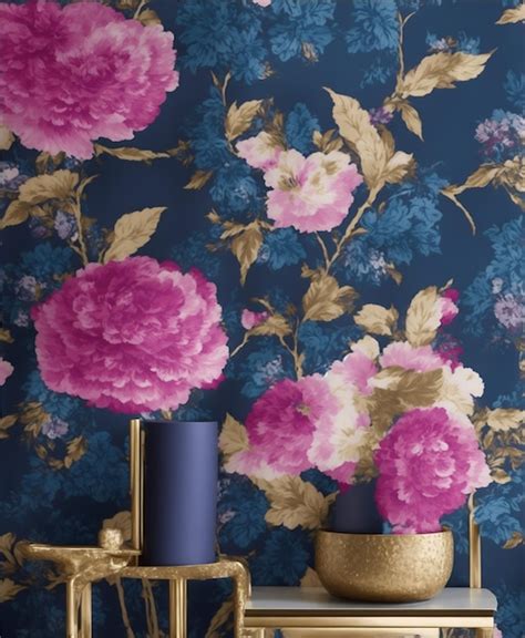 Premium Ai Image A Blue Floral Wallpaper With Pink And Blue Flowers
