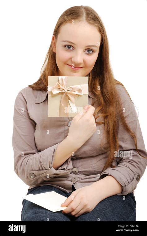 Happy Girl With A Greeting Card Stock Photo Alamy