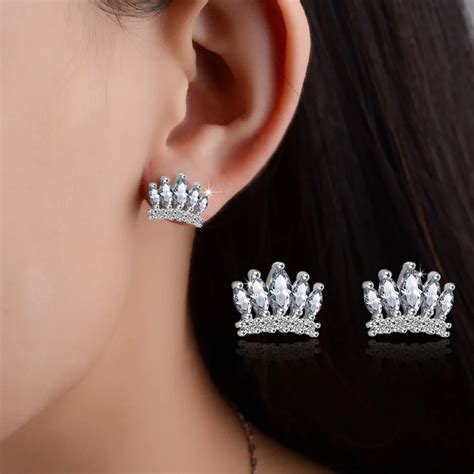 Color Charm Princess Crown Stud Earrings Inlay Crystal Dazzling Women