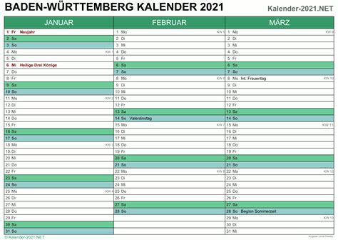 Anzahl der arbeistage, ferientage und feiertage pro monat und pro jahr. Kalender 2021 Baden-Württemberg