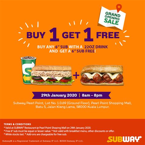 Subway Pearl Point Opening Promotion Buy 1 Get 1 Free 29 January 2020