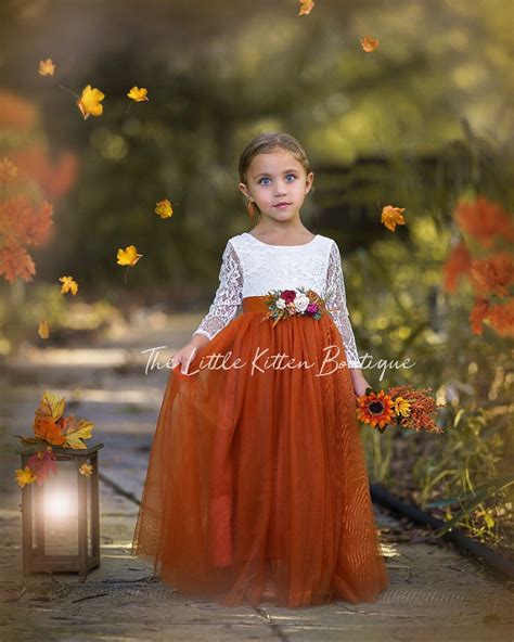 Rustic Burnt Orange Flower Girl Dress Long Sleeve Girls Dress Boho